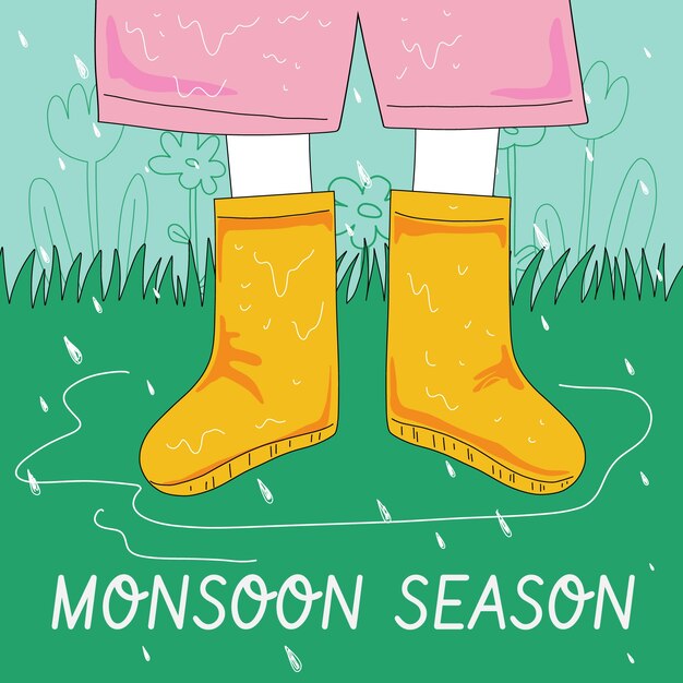 Ilustración de la temporada del monzón dibujada a mano con una persona con botas de lluvia