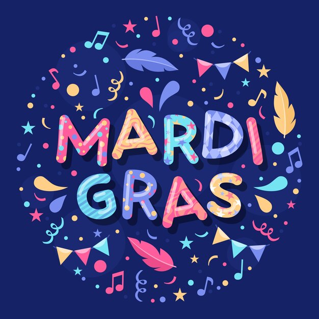 Ilustración de texto de festival de mardi gras plano