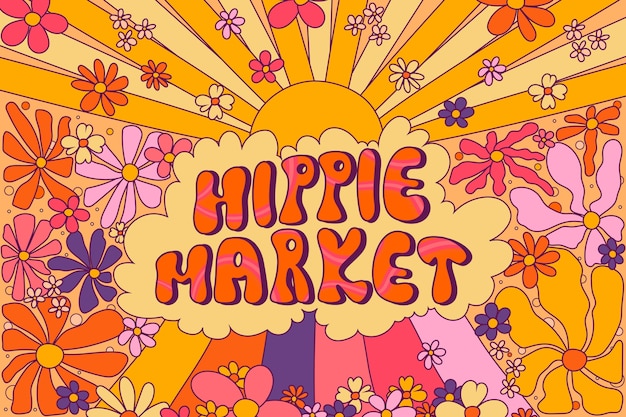 Ilustración de texto de mercado hippie dibujado a mano