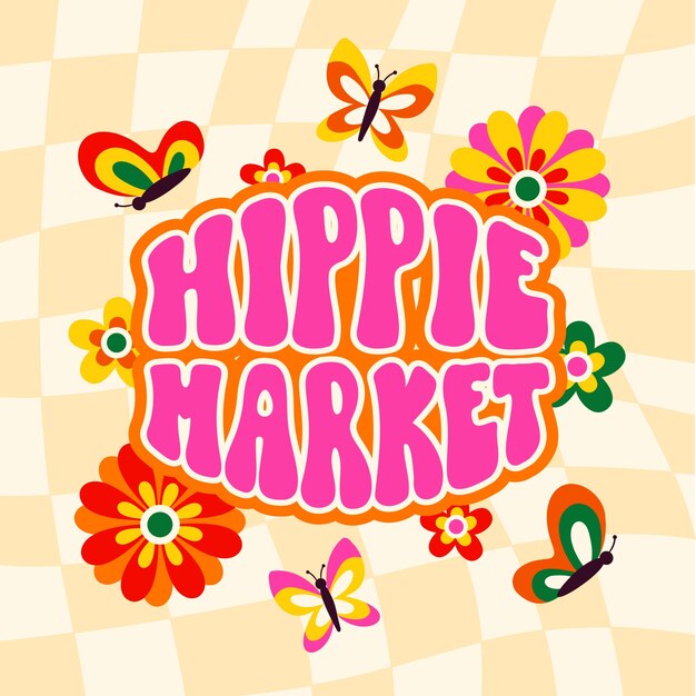 Ilustración de texto de mercado hippie dibujado a mano