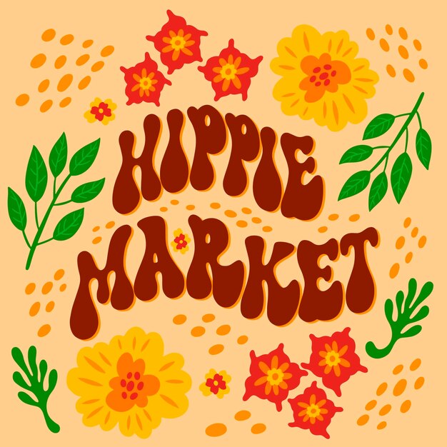 Ilustración de texto de mercado hippie dibujado a mano