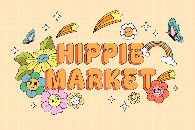 Ilustración de texto de mercado hippie dibujado a mano