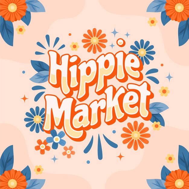 Ilustración de texto del mercado hippie de diseño plano