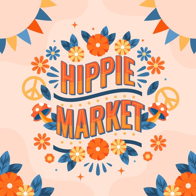 Ilustración de texto del mercado hippie de diseño plano