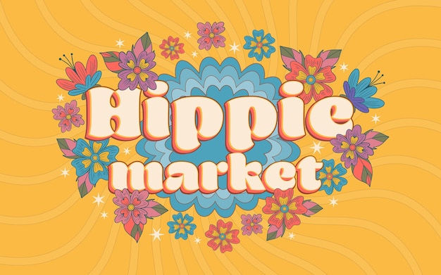 Ilustración de texto del mercado hippie de diseño plano