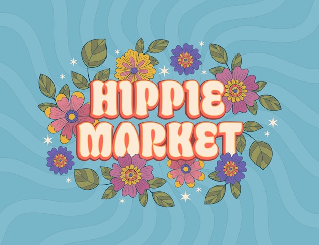 Ilustración de texto del mercado hippie de diseño plano