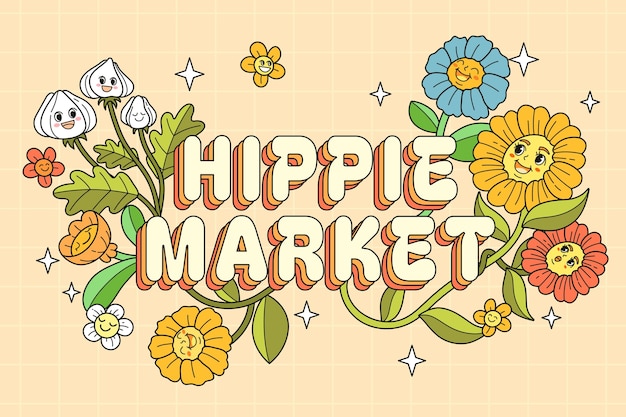 Ilustración de texto del mercado hippie de diseño plano