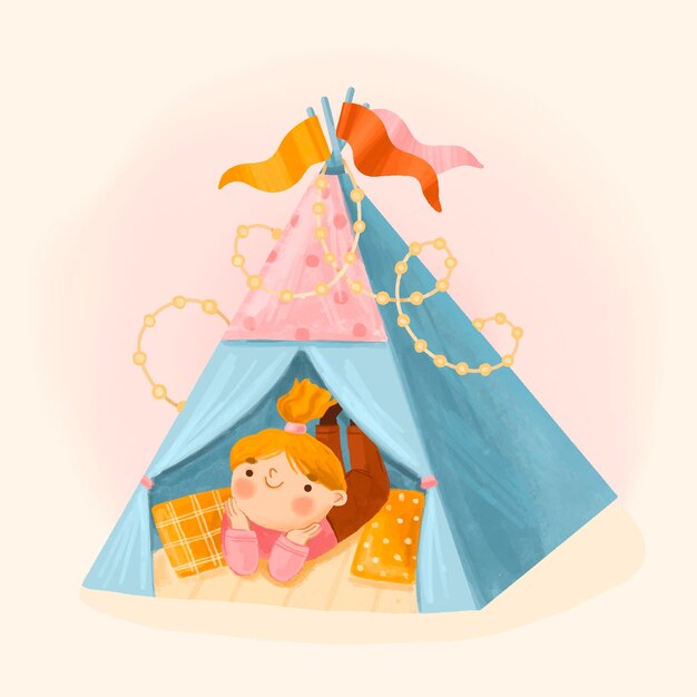 Ilustración de tipi acuarela con niña