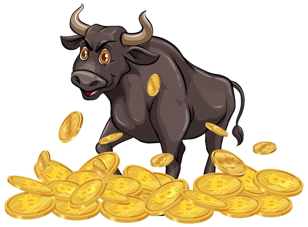 Ilustración de un toro con monedas de Bitcoin