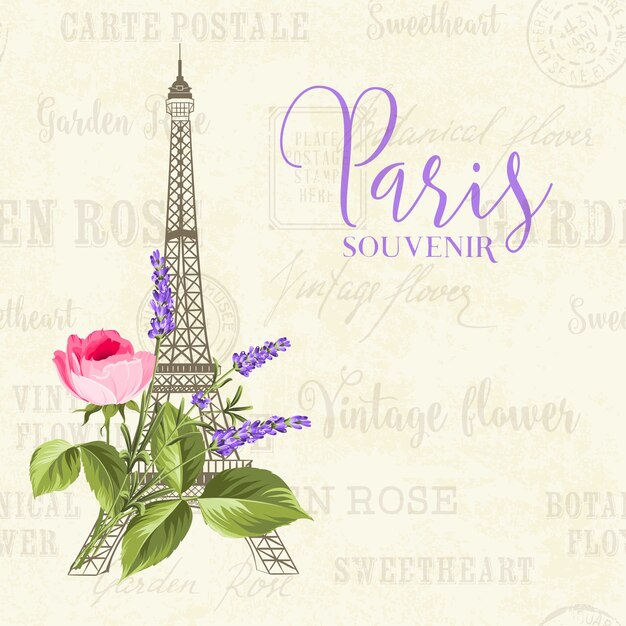 Ilustración de la Torre Eiffel sobre un fondo vintage con flores.
