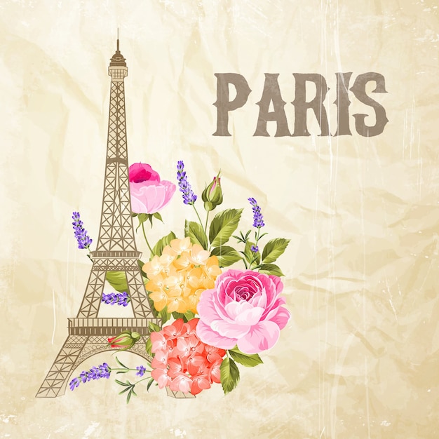 Ilustración de la Torre Eiffel sobre un fondo vintage con flores.