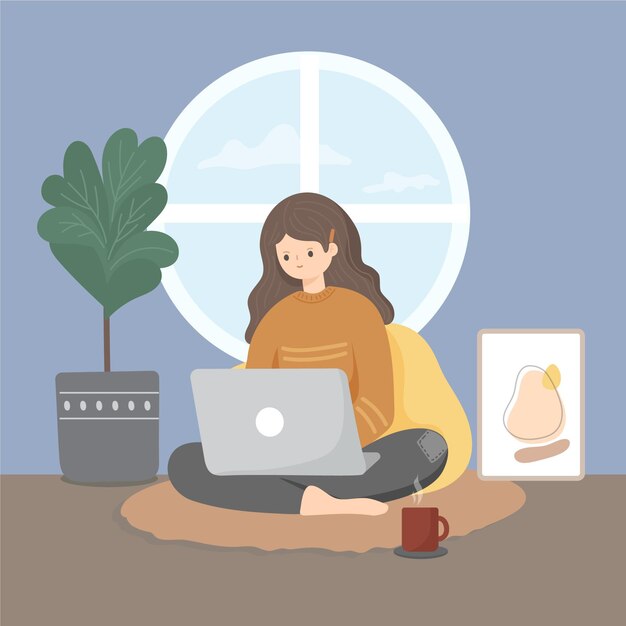 Ilustración de trabajo remoto dibujado a mano plana con mujer