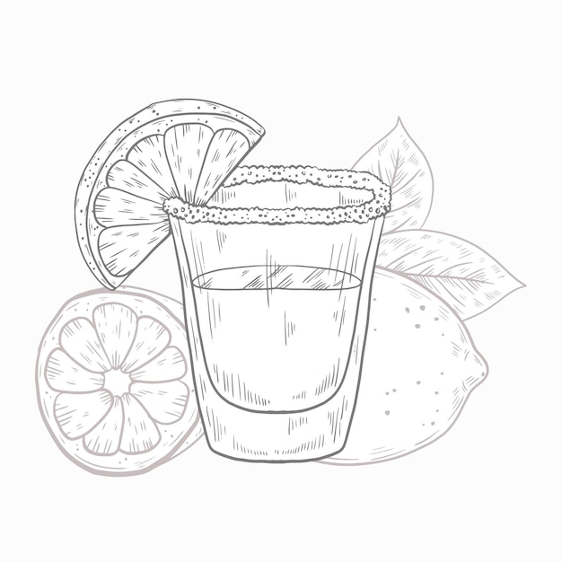 Ilustración de trago de tequila dibujado a mano