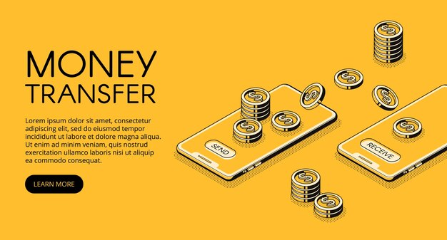 Ilustración de transferencia de dinero de la banca en línea en la aplicación de teléfono móvil.