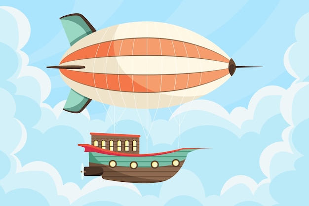 Ilustración de transporte de dirigible plano dibujado a mano