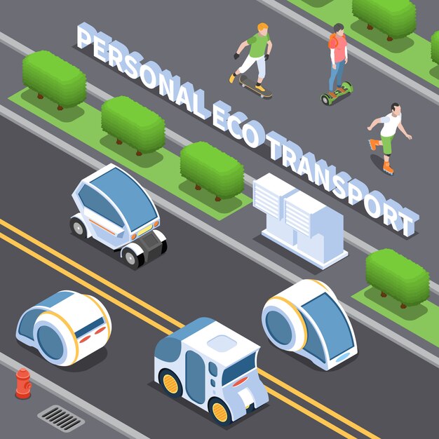 Ilustración de transporte ecológico personal con símbolos de coches eléctricos isométricos