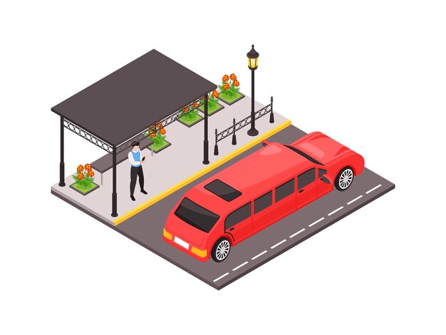 Ilustración de transporte público con un hombre de pie en una hermosa parada de autobús limpia y un lujoso coche rojo 3d