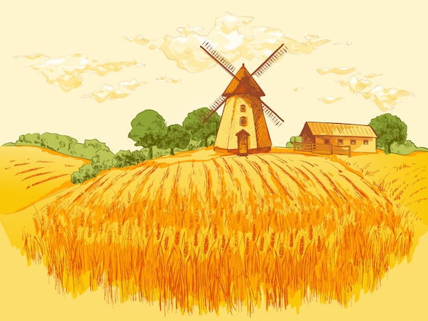 Ilustración de trigo de campo de paisaje rural