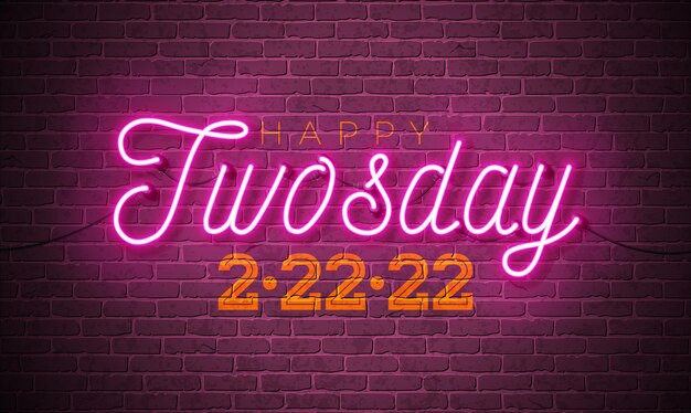 Ilustración de Twosday feliz con letras de luces de neón brillantes y fondo de pared de ladrillo de número 22222