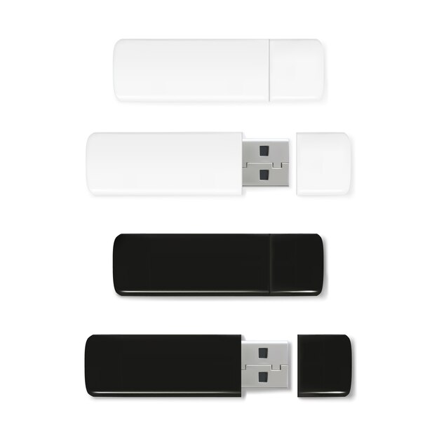 Ilustración de las unidades flash USB de una tarjeta de memoria realista 3D. Maqueta de plástico blanco y negro