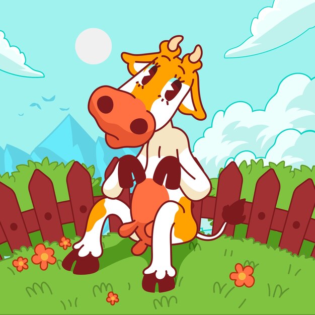 Ilustración de vaca de dibujos animados dibujados a mano