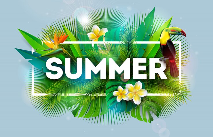 Vector gratuito ilustración de vacaciones de verano con flor y pájaro tucán