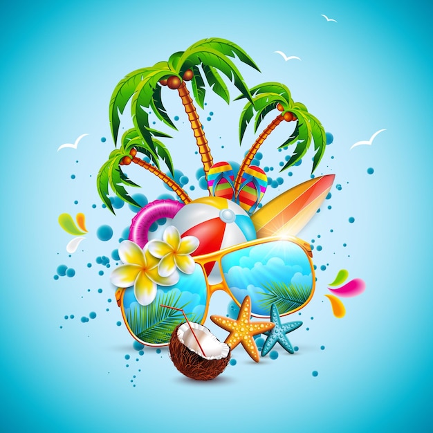 Ilustración de vacaciones de verano sobre fondo azul cielo con elementos de playa y flores tropicales
