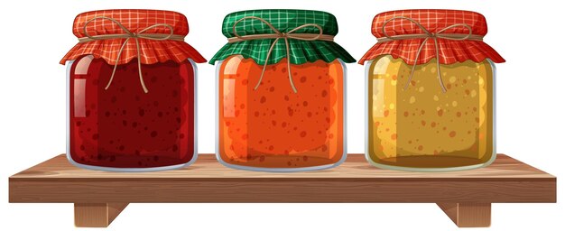 Ilustración de una variedad de mermeladas en estanterías de madera