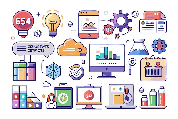 Ilustración de varios iconos relacionados con el análisis y la investigación de datos tecnológicos