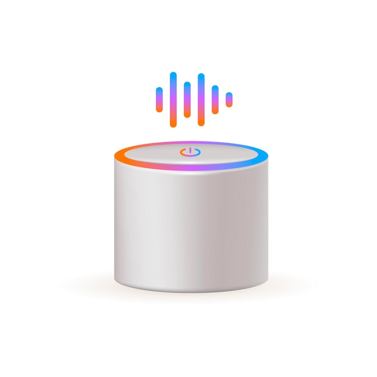 Vector gratuito ilustración de vector 3d de altavoz inteligente. asistente digital de control de voz en estilo de dibujos animados aislado sobre fondo blanco. tecnología moderna, inteligencia artificial, concepto de hogar inteligente
