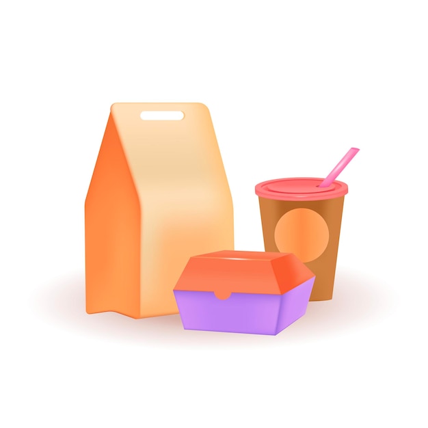 Ilustración de vector 3d de paquetes de comida para llevar. taza de café o refresco, hamburguesas o paquetes de comida rápida del restaurante en estilo de dibujos animados aislado sobre fondo blanco. comida rápida, tienda, concepto de menú.