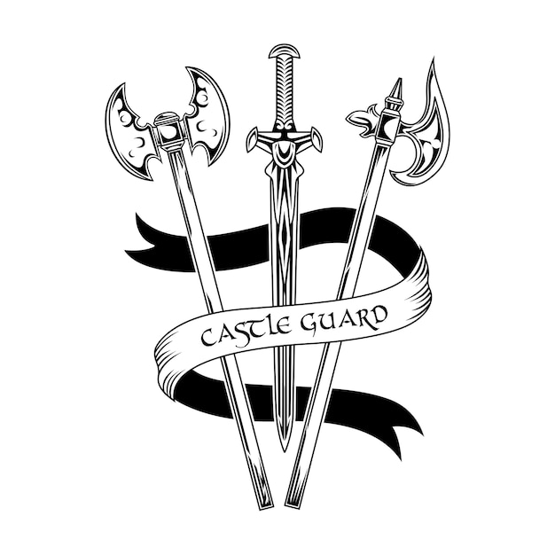 Ilustración de vector de arma de valientes caballeros. espada y hachas, texto de la guardia del castillo en cinta. concepto de guardia y protección para plantillas de emblemas o insignias.