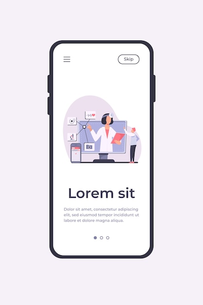 Ilustración de vector de asistencia médica en línea. Hombre que usa la aplicación de teléfono inteligente para consultar al médico. Paciente varón charlando con el médico en internet