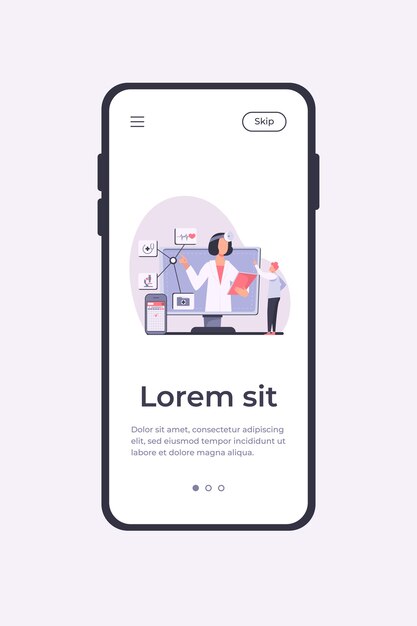 Ilustración de vector de asistencia médica en línea. Hombre que usa la aplicación de teléfono inteligente para consultar al médico. Paciente varón charlando con el médico en internet