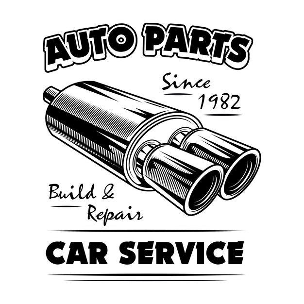 Ilustración de vector de autopartes. Tubo de escape doble cromado, texto de construcción y reparación. Servicio de coche o concepto de garaje para plantillas de emblemas o etiquetas