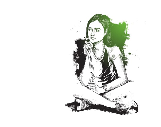 Ilustración de vector de boceto dibujado a mano de diseño de camiseta de mujer joven seria de pensamiento