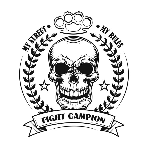Ilustración de vector de campeón de lucha callejera. Cráneo del ganador del concurso con decoración de premio y texto.
