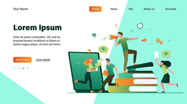 Ilustración de vector de caos de oficina. Jefe enojado gritando por megáfono, empleados ocupados corriendo de prisa y pánico. Puede usarse por falta de tiempo, fecha límite, estrés en conceptos laborales
