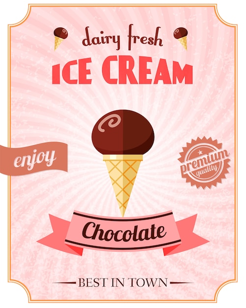 Ilustración de vector de cartel plano fresco de productos lácteos de calidad superior de helado de chocolate