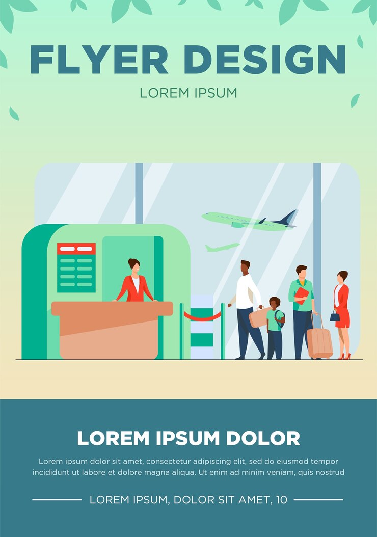 Vector gratuito ilustración de vector de cola de aeropuerto. línea de turistas de pie en el mostrador de facturación. los pasajeros del vuelo esperando para embarcar en el avión en la zona de salida