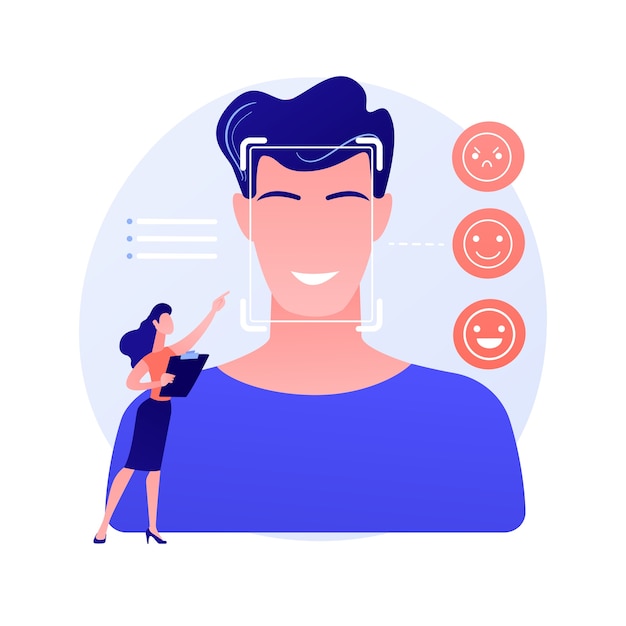 Ilustración de vector de concepto abstracto de detección de emoción. Discurso, reconocimiento del estado emocional, detección de emociones a partir del texto, tecnología de sensores, aprendizaje automático, metáfora abstracta de la cara de lectura de IA.