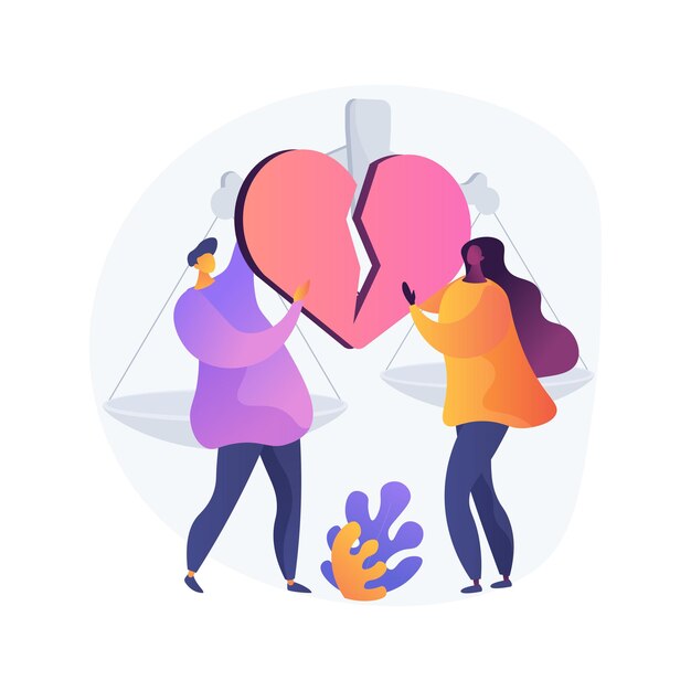 Ilustración de vector de concepto abstracto de divorcio. Disolución del matrimonio, separación, a través del decreto de divorcio, conflicto entre marido y mujer, ruptura saludable, peleas de padres, ruptura de metáforas abstractas.