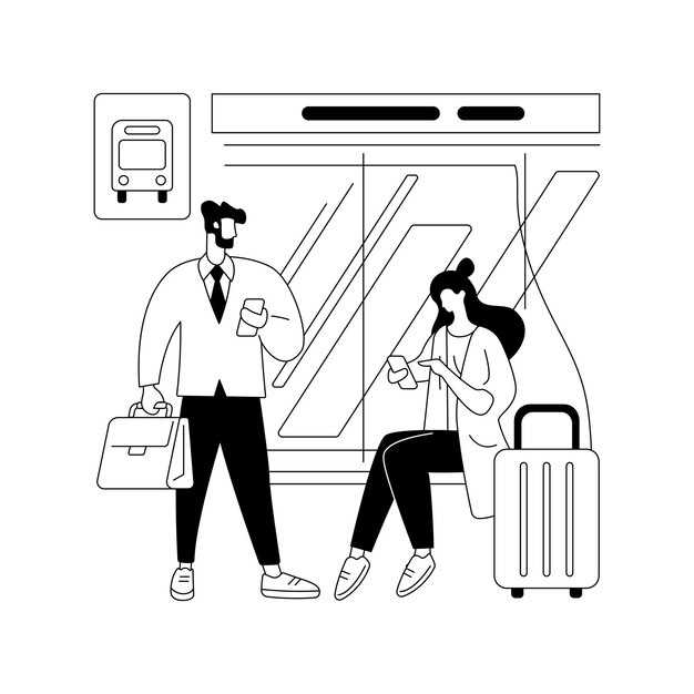 Ilustración de vector de concepto abstracto de estación de autobús Parada de autobús recoger dejar pasajeros estación depósito viajero esperando gente estresada hora pico transporte público cartelera metáfora abstracta