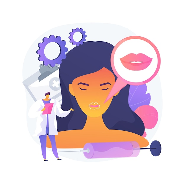 Ilustración de vector de concepto abstracto de inyecciones de labios. Procedimiento cosmético de relleno, método de labios gruesos, ácido hialurónico, mejora la apariencia, inyección de plástico facial, metáfora abstracta de toxina botulínica.