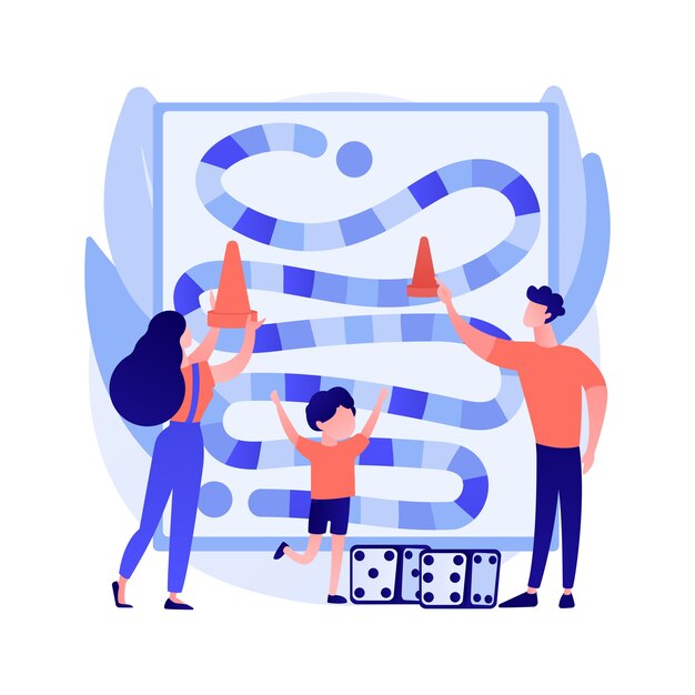 Ilustración de vector de concepto abstracto de juegos de mesa. Actividades de mesa, juegos estratégicos, jugadores que se quedan en casa, aislamiento social, tiempo libre, diversión familiar, idea, metáfora abstracta.