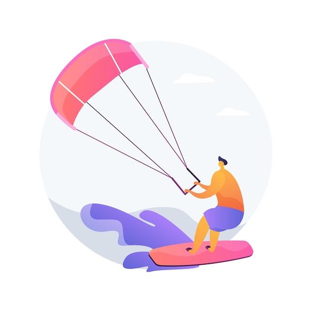 Ilustración de vector de concepto abstracto de kitesurf. Kiteboarding, deportes acuáticos en paracaídas, aventuras voladoras, velocidad del viento, diversión extrema, cámara de acción, truco de estilo libre, metáfora abstracta de libertad.