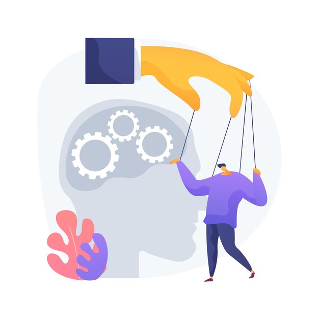Ilustración de vector de concepto abstracto de manipulación psicológica. Abuso mental, psicología oscura, chantaje emocional, ingeniería social, efecto de luz de gas, metáfora abstracta de manipulación cerebral.