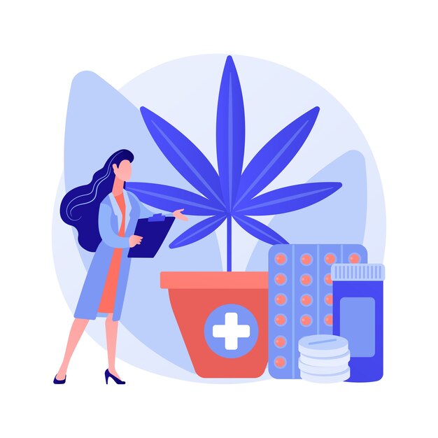 Ilustración de vector de concepto abstracto de marihuana medicinal. Cannabis medicinal, medicamentos cannabinoides, tratamiento de enfermedades y afecciones, alivio del dolor del cáncer, mercado del cáñamo, metáfora abstracta de cultivo.