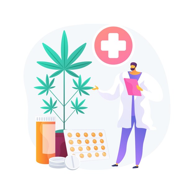 Ilustración de vector de concepto abstracto de marihuana medicinal. Cannabis medicinal, medicamentos cannabinoides, tratamiento de enfermedades y afecciones, alivio del dolor del cáncer, mercado del cáñamo, metáfora abstracta de cultivo.