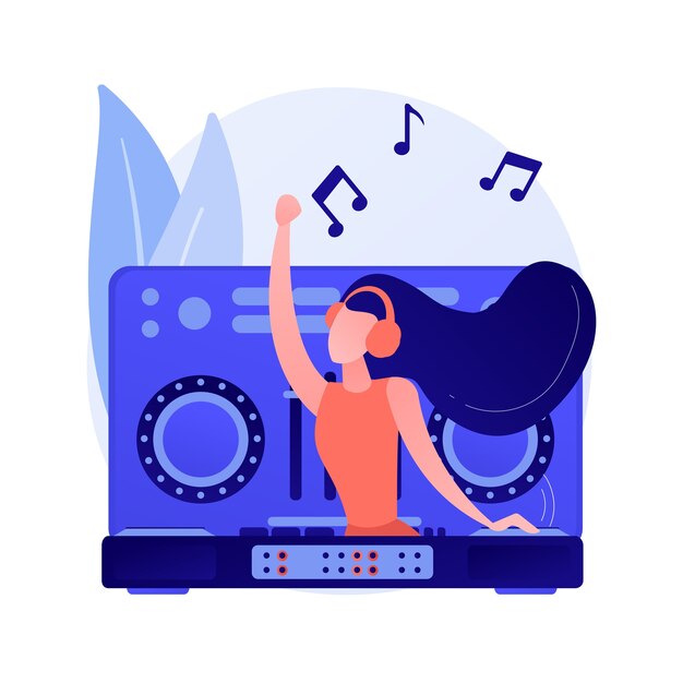 Ilustración de vector de concepto abstracto de música electrónica. Conjunto de DJ, curso escolar, presentación en vivo de libros, géneros de música electrónica, fiesta en un club nocturno, festival al aire libre, metáfora abstracta de la cultura rave.